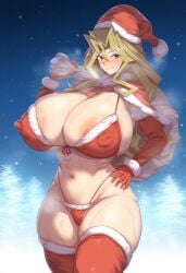 ai_generated blonde_hair breasts christmas_outfit erect_nipples eroeroai female huge_breasts legwear looking_at_viewer mai_valentine navel pose purple_eyes santa_costume smile yu-gi-oh! yu-gi-oh!_duel_monsters