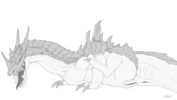 anus dragon female feral greyscale kaeku lagiacrus monochrome monster monster_hunter plain_background presenting presenting_pussy pussy raised_leg solo video_games white_background