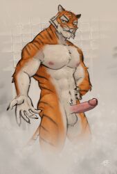 2023 abs absurd_res anthro balls bathroom digital_drawing_(artwork) digital_media_(artwork) epic_games erection felid feline felis fortnite genitals grin hi_res inviting male male_only mammal muscular muscular_anthro muscular_male nipples nude oscar_(fortnite) pantherine pecs penis smile solo standing tiger wet wet_body wowsibart