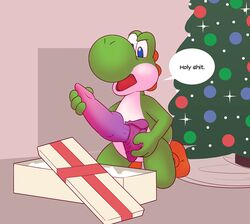 1boy 2014 anthro bad_dragon big_dildo christmas christmas_tree creaturecorp dialogue dildo english_text gift holidays male male_only mario_(series) nintendo scalie sex_toy solo text tree unsure yoshi