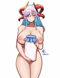 1girls bare_arms bare_shoulders bare_thighs blue_hair breasts collarbone colored_inner_hair completely_nude expressionless female female_only fire_emblem fire_emblem_heroes freyja_(fire_emblem) grey_hair horns huge_breasts looking_at_viewer milk multicolored_hair nintendo nipples nude nude_female red_eyes rotomdocs shoulders solo thighs white_background