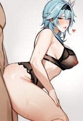 1boy 1girls ai_generated arched_back big_ass big_breasts black_lingerie blue_hair blush eula_(genshin_impact) female from_side genshin_impact see-through sex_from_behind shenhewe simple_background standing straight thick_thighs