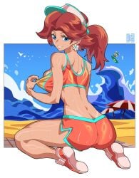 604yue beach blue_eyes blush breasts brown_hair cap female human kneeling mario_(series) navel nintendo nosebleed princess_daisy princess_daisy_(swimwear) swimsuit undressed undressing wink