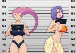 2d 2d_(artwork) bare_arms bare_legs bare_midriff bare_shoulders bare_thighs belly_button bikini bikini_bottom bikini_scarf bikini_skirt bikini_top black_bikini black_bikini_bottom black_bikini_top blue_eyes blue_hair blue_highlights blush busty_boy cleavage earrings flechitas green_earrings highlights interrogation interrogation_room james_(pokemon) jessie_(pokemon) lipstick long_hair male_with_breasts meme meme_reference midriff nail_polish navel orange_bikini orange_bikini_bottom orange_bikini_top pink_hair pink_nail_polish pink_nails pokemon pokemon_(anime) red_lipstick short_hair sideboob team_rocket thick_thighs underboob