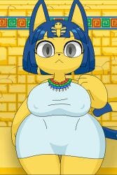 animal_crossing animated ankha ankha_(animal_crossing) big_breasts black_eyes blue_hair breast_expansion breast_grab breast_play breasts disembodied_hand expansion female gif hand_on_breast huge_breasts milkis2000 nintendo overweight_anthro overweight_female plump shortstack solo_focus yellow_body