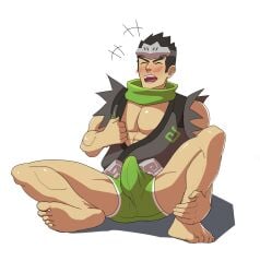 activision bara blizzard_entertainment blush bulge clothing erection_under_clothes genji japanese_clothing male male_only muscular_male overwatch overwatch_2 penis_outline underwear young_genji zhadoiz