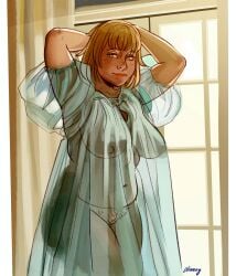 1girls alimony arms_up big_breasts casual chubby chubby_female clothing delicious_in_dungeon dungeon_meshi falin_touden female gown hairy_pussy human looking_at_viewer pale_skin smile transparent_clothing voluptuous voluptuous_female