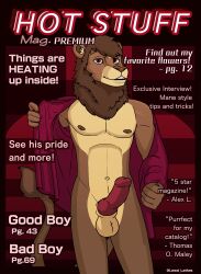 absurd_res anthro bedroom_eyes clothing cover english_text erection felid good_boy hi_res lewd_latte lion magazine magazine_cover male male_focus male_only mammal mane narrowed_eyes nipples pantherine seductive smile smiling_at_viewer smirk smirking_at_viewer solo tail tail_tuft text tuft undressing