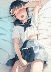 arm_up blush commentary_request covering_own_eyes female female_masturbation highres holding holding_pen lying masturbation neckerchief on_back open_mouth original panties pen pleated_skirt pussy_juice pussy_juice_stain school_uniform serafuku shirt skirt solo tsubure_manjuu underwear wet wet_clothes wet_panties white_panties white_shirt