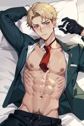 1boy abs ai_generated ai_hands bare_pectorals black_gloves black_underwear blonde_hair blue_eyes blush closed_mouth gloves green_jacket jacket loid_forger looking_at_viewer lying male_focus male_pubic_hair male_underwear mole mole_on_neck muscular muscular_male navel necktie nipples on_back on_bed open_clothes open_jacket pants pectorals pillow pubic_hair red_necktie shirt short_hair solo spy_x_family twilight_(spy_x_family)