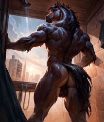 2024 ai_generated anthro ass ass athletic athletic_male backsack balls butt_crack equid equine equine_penis furry horse inviting male male_only mammal muscular muscular_male navel nipples nude penis rear_view seductive smile solo speedykiwi tagme tail