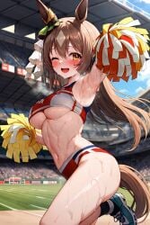 ai_generated animal_ears braided_hair brown_eyes female horse_girl long_hair satono_diamond_(umamusume) sportswear sweat sweaty sweaty_body two_tone_hair umamusume umamusume_pretty_derby underboob wet