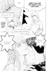 2boys berserk black_hair comic dialogue doujin femboy gay griffith guts_(berserk) imminent_sex long_hair male monochrome muscular_male short_hair size_difference text white_hair yaoi