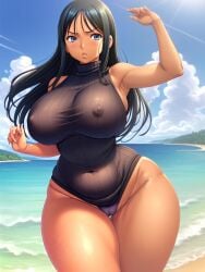 ai_generated bangs beach_background big_breasts blue_eyes clothed curvy_body curvy_female dark_hair dress_lift female female_only large_hips long_hair nico_robin one_piece pre-timeskip sideboob sleeveless_dress sleeveless_turtleneck sweater_dress tanned tanned_female tanned_skin too_small_clothes turtleneck turtleneck_dress zarazin