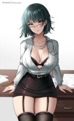 belt blouse bra breasts cleavage desk female female_only fubuki_(one-punch_man) fully_clothed garter_straps glasses jewelry looking_at_viewer miniskirt necklace office_lady one-punch_man paper pencil_skirt ryuuneart secretary short_skirt skirt solo stockings suspenders tagme