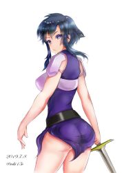 1girls armor ass belt big_ass black_hair breastplate breasts female female female_only fire_emblem fire_emblem:_genealogy_of_the_holy_war from_behind gloves holding holding_sword holding_weapon larcei_(fire_emblem) looking_at_viewer looking_back medium_breasts nintendo purple_tunic reki_(reki13c) shoulder_armor sidelocks skirt solo sword thighs tunic underbutt weapon white_background