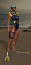 1girls 3d black_hair blue_one-piece_swimsuit cb1964 dark_skin dark_skinned_female one-piece_swimsuit original scuba_gear swimsuit