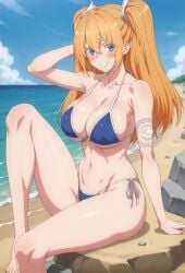 2.5_jigen_no_ririsa ai_generated amano_ririsa bare_legs beach big_breasts bikini bikini_top blue_eyes blush cosplay curvaceous curvy_female huge_breasts huge_thighs light-skinned_female light_skin liliel_(cosplay) lokokabooster69 looking_at_viewer massive_breasts orange_hair shounen_jump+ smiling solo_female squatting sweat sweatdrop thick_body thick_female thick_thighs twintails voluptuous voluptuous_female