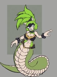 abs belt belt_collar black_bra black_bracelet black_collar blue_eyes bra bracelets cleavage collar draconcopode earrings green_hair hair_tied lamia legless naga open_mouth sharp_teeth silver_earrings snake snake_girl snake_tail sonic_(series) sonic_the_hedgehog_(comics) sonic_the_hedgehog_(idw) sonic_the_hedgehog_(series) spiked_bracelet spiked_collar surge_the_tenrec thick_naga_hips thick_thighs wide_hips