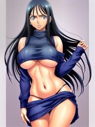 ai_generated angry_face arm_warmers bangs big_breasts blue_eyes crop_sweater dark_hair female female_only large_hips long_hair nico_robin no_background one_piece skirt skirt_around_legs skirt_down sleeveless_sweater sleeveless_turtleneck sweater tanned tanned_female tanned_skin turtleneck turtleneck_sweater underboob_sweater zarazin