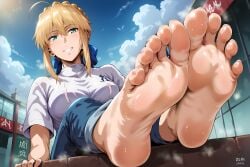 ai_generated anxiousdangero blonde_hair fate/stay_night feet saber soles sweat toes