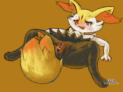 anthro blush braixen female kemono morokko nintendo open_mouth orange_background orange_eyes plain_background pokémon_(species) pokemon pokemon_(species) pussy solo sweat sweatdrop video_games