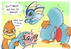 angry anus blush buizel duo eeveelution english_text female feral fluorings generation_1_pokemon generation_4_pokemon genitals holding_tail imminent_sex male male/female nintendo paws penis penis_on_butt pokemon pokemon_(species) pussy simple_background tail text tongue tongue_out vaporeon