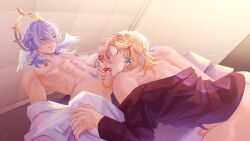 2boys almost_naked almost_nude angel_wings ass ass_cleavage aventurine_(honkai:_star_rail) back_view between_legs black_shirt blonde_hair blowjob blue_earrings blue_hair blue_pubes blue_pubic_hair blue_pupils blush blush blush_lines blushing_profusely ceiling ceiling_tiles ear_ring earring earrings gay gay_blowjob gay_oral gay_sex gold_(metal) gold_earring gold_earrings gold_jewelry golden_earrings grabbing grabbing_hair grabbing_penis grabbing_thighs halo halo_behind_head head_wings holding holding_penis honkai:_star_rail honkai_(series) in_between_legs kiss_mark kiss_mark_on_penis kiss_marks kissing_penis lips lipstick lipstick_mark lipstick_on_penis looking_at_another looking_at_partner looking_down looking_down_at_another looking_down_at_partner looking_pleasured looking_up looking_up_at_another looking_up_at_partner male male/male male_only muscle muscles muscular muscular_male neck_tattoo oral oral_masturbation oral_sex penis penis_grab penis_kiss penis_kissing penis_out pubes pubic_hair puffy_nipples purple_eyes red_lips red_lipstick robe shirt_only shoulder_length_hair slave_brand sunday_(honkai:_star_rail) sweat sweatdrop sweating sweaty thigh_grab tile_ceiling wall wall_(structure) white_robe wings wings_on_head yaoi yellow_eyes yuuanai