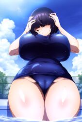 aged_up ai_generated bare_legs black_hair gigantic_breasts hair_over_eyes hairy_pussy huge_breasts large_breasts light-skinned_female light_skin lucy_loud mr._nyazakura nickelodeon one-piece_swimsuit pool poolside pubes_exposed pubic_hair puffy_pussy short_hair squatting the_loud_house thick_thighs thighs voluptuous voluptuous_female