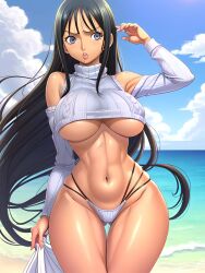 ai_generated arm_warmers bangs beach_background big_breasts bikini_bottom crop_sweater dark_hair female female_only large_hips long_hair nico_robin one_piece pre-timeskip sweater tanned tanned_skin turtleneck turtleneck_sweater underboob underboob_sweater zarazin