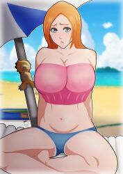 beach big_breasts bleach bleach:_the_thousand-year_blood_war color embarrassed ginger_hair huge_breasts inoue_orihime iwao178 jeans_shorts massive_breasts mikleodeus minishorts nsfw orange_hair short_skirt shorts summer thick_thighs thighs waiting