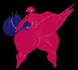 1boy 1girls 2026 abdominal_bulge ass belly_button_piercing big_breasts big_butt big_penis black_background blue_body breasts choker fanart feitadenectar female_symbol gender_symbol gender_symbol_character huge_ass hyper hyper_balls hyper_breasts hyper_penis hyper_stomach_bulge just_coffee large_breasts large_penis larger_female male_symbol mars_symbol nipple_piercing no_hands open_mouth penis pink_body smaller_male stomach_bulge sweat sweating venus_symbol wet wet_pussy
