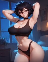 1girls ai_generated artstyle_imitation ass bedroom big_breasts black_hair black_sports_bra black_tank_top black_thong breasts brown_eyes choker eyelashes eyeshadow glasses goth goth_girl gothic hands_up light-skinned_female messy messy_hair messy_makeup naughty naughty_face naughty_smile nerd night olie pale-skinned_female pants_down restroom round_glasses seductive seductive_look short_hair sports_bra sports_panties sportswear street tank_top thiccwithaq_(ai_style) thick_ass thick_legs thick_lips thick_thighs thighs thong tongue_out wavy_hair xandr