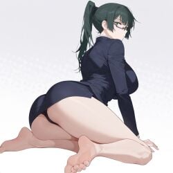 ai_generated ass_bigger_than_head ass_focus back back_view barefoot bed bedroom big_ass big_breasts big_butt dark_green_hair feet feet_up fit_female foot_fetish foot_focus foot_play glasses green_eyes jujutsu_kaisen laying_on_bed looking_at_viewer looking_back school_uniform schoolgirl skirt soles thick_thighs toenail_polish zenin_maki