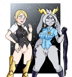 2girls alternate_costume anthro antlers armor big_breasts black_background black_clothing black_leotard blonde_hair blue_eyes blush bottomless bovid breasts caprine clothed clothing clothing_swap crossover crossover_cosplay cybil_bennett cybil_bennett_(silent_hill) duo eyelashes female floppy_ears footwear fur genitals gloves goat grey_body grey_fur hair hand_on_hip handwear hi_res horn human hybrid jackalope konami lagomorph leotard leporid lop_ears mammal multiple_girls name_connection navel open_mouth outfit_swap police police_badge police_uniform pseudoregalia purple_clothing purple_eyes purple_footwear purple_gloves purple_handwear purple_socks pussy rabbit rasenxoru short_hair silent_hill simple_background socks sparkles sybil_(pseudoregalia) tan_body tan_skin thick_thighs uniform white_background wide_hips yellow_horn