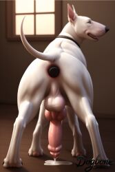 ai_generated anal anal_sex animal_genitalia animal_penis anus bull_terrier canid canine canine_genitalia canine_penis canis collar dildo dogbone domestic_dog feral fur genitals hi_res hunting_dog looking_at_viewer looking_back looking_back_at_viewer male mammal penetration penis presenting sex_toy short_fur solo terrier watermark white_body white_fur