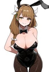 1girls ai_generated asymmetrical_hair blush brown_eyes brown_hair bunny_ears bunnysuit fake_animal_ears fire_emblem fire_emblem_engage goldmary_(fire_emblem) hair_ribbon half-closed_eyes large_breasts looking_at_viewer novelai pantyhose playboy_bunny rabbit_ears self_upload side_ponytail smug