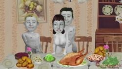 1girl 2boys 3d accurate_art_style angela_anaconda balls blonde_hair bouncing_breasts breasts brothers brown_hair derek_anaconda female geneva_anaconda incest male male_masturbation mark_anaconda mother_and_son nipples on_model penis questionable_(artist) straight tagme thanksgiving uncanny_valley video