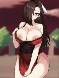 1girls alternate_costume areola_slip areolae bare_shoulders bare_thighs blush breasts brown_eyes brown_hair bursting_breasts cleavage dress female female_only fire_emblem fire_emblem_fates hair_over_one_eye kagero_(fire_emblem) kato_haruaki large_breasts long_hair nintendo nipple_slip nipples off_shoulder open_mouth pelvic_curtain shoulders solo thighs very_long_hair