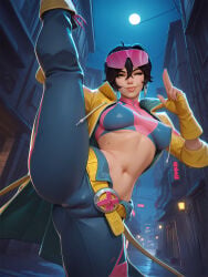 1girls ai_generated alley belt black_hair blue_pants breasts building cameltoe city covered_nipples crop_top earrings eyewear_on_head fingerless_gloves full_moon gloves goggles hair_between_eyes high_kick jacket jewelry jubilee jubilee_(marvel_rivals) leg_up lips looking_at_viewer marvel marvel_rivals medium_breasts midriff mole moon navel night night_sky one_eye_closed open_clothes open_jacket outdoors pants pein short_hair sky smile solo split stable_diffusion standing standing_on_one_leg standing_split tongue tongue_out yellow_eyes yellow_gloves yellow_jacket