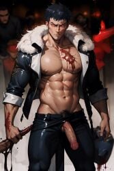 1boy ai_generated higan_(ninja_kamui) jacket_open joe_higan male_focus muscular_male ninja_kamui penis_out_of_pants red_eyes shirtless_male six_pack