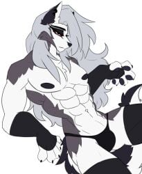 1boy abs ambush_loona big_muscles bulge cassielink eyeliner femboy femboy_loona feminine feminine_male furry gay genderswap_(ftm) grey_body grey_fur grey_hair hair_covering_eye helluva_boss legwear long_hair loona_(helluva_boss) male male_focus male_loona male_only muscles muscular muscular_male navel nipples pecs pectorals penis_bulge rule_63 shirtless simple_background solo solo_male strong thighhighs thong topless topless_male vivziepop white_background white_body white_fur wolf wolf_boy yaoi