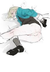 arms_behind_back aventurine_(honkai:_star_rail) bed_sheet blonde_hair bondage bottomless bound bound_wrists cum cum_in_ass cum_on_ass cum_on_legs cumdrip drooling earrings highres honkai:_star_rail honkai_(series) jewelry male male_only necktie_around_wrists rape shoes socks solo_focus testicles user_krmr4547