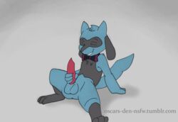 1boy 2015 animal_genitalia animated anthro ass balls canine closed_eyes erection fur hair holding_penis knot looking_down lying male male_only mammal masturbation nintendo nude oscar_the_purrloin penis pokemon raised_tail ribbons riolu shadow smile solo spread_legs spreading teeth video_games