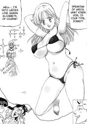 1girls 2boys big_breasts bikini donny_(mokushiroku_no_yonkishi) elizabeth_liones micro_bikini milf mokushiroku_no_yonkishi monochrome nanatsu_no_taizai nasiens_(mokushiroku_no_yonkishi) queen royalty the_seven_deadly_sins thought_bubble