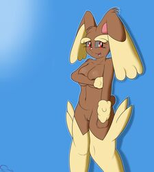 absurd_res anthro anthrofied blue_background breasts chowdie eyelashes female fur hi_res lagomorph lopunny mammal nintendo plain_background pokemon pokemon_(species) pussy rabbit red_eyes shy smile solo video_games wet_pussy