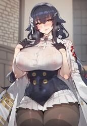 1girls ai_generated artstyle_imitation azuma_(azur_lane) azur_lane black_hair breasts female floox hi_res high_resolution hips huge_breasts light-skinned_female light_skin long_hair massive_breasts naughty_face nipples nipples_visible_through_clothing orange_eyes stable_diffusion thiccwithaq_(ai_style) thick_thighs thighs wide_hips