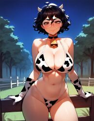 1girls ai_generated artstyle_imitation ass big_breasts bikini black_hair breasts brown_eyes choker cow_bikini cow_girl cow_gloves cow_horns cow_print cow_print_bikini cow_print_thighhighs eyelashes eyeshadow farm glasses goth goth_girl gothic messy messy_hair naughty naughty_face nerd night night_sky olie pale-skinned_female round_glasses seductive seductive_look short_hair smile thiccwithaq_(ai_style) thick_ass thick_legs thick_lips thick_thighs thighs wavy_hair xandr