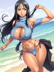 ai_generated bangs beach_background big_breasts big_butt big_hips bikini_bottom blue_eyes cleavage crop_sweater curvy_hips dark_hair female female_only large_hips long_hair nico_robin one_piece pareo sexy_outfit slutty_outfit sweater tanned tanned_female tanned_skin turtleneck turtleneck_sweater zarazin