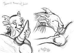 2013 animal_genitalia anthro ball_fondling balls barbs big_balls big_penis charr claws closed_eyes cryme_the_cheetah cum deepthroat disembodied_penis eye_contact feline feline_penis fellatio female guild_wars hair holding horn hyper jasiri jewelry male mammal oral penis piercing precum ring sex sheath sketch spots tchatarsih_yantrei video_games whiskers